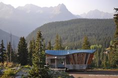 a small cabin in the mountains surrounded by pine trees and tall evergreens, with a blue roof