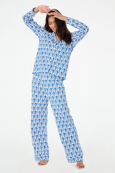 Roller Rabbit Blue Monkey Long Sleeve Polo Pajamas Roller Rabbit Pajamas Long Sleeve, Blue Pajama Set, Give Yourself Permission, Cotton Loungewear, Comfy Pjs