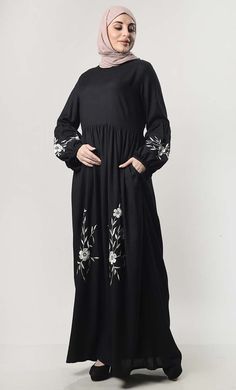 A perfect wardrobe piece for everyday Round neck Gathered Wasit Bottom panel with embroidery Both side pockets Full Sleeves FABRIC:Rayon CARE: Very Light Machine wash cold Black Long Sleeve Abaya With Floral Embroidery, Black Abaya With Floral Embroidery, Islamic Clothing Women, Hijab Gown, Floral Wallpaper Phone, Mens Items, Islamic Clothing, Thread Embroidery, Kids Items