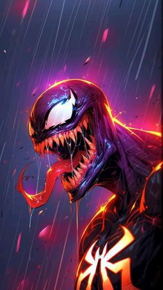 an image of a spider man in the rain with his mouth open and fangs out