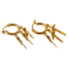 IF & Co 22k Yellow Gold Hoop Dagger Sword Dangle Earrings with Emerald Accents Gorgeous Hoop Earrings by IF & Co. Feature 3 Dangling Dagger Motifs from Each Hoop Each Dagger Features a Small Bezel Set Emerald Length of Each Dagger = Appx 30 mm Diameter of Hoops = 13 mm Each Hoop Latches with a Leverback Total Mass = 17.4 grams Gorgeous Earrings! American Modern, Grey Diamond, Diamond Hoop Earrings, Modern Earrings, Love Ring, Gold Jewelry Fashion, Jewelry Earrings Hoops, Gorgeous Earrings, Gold Hoop