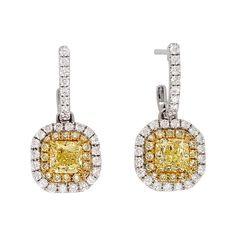 From the Couture Collection at Scarselli, these Fancy Yellow Radiant Cut Diamonds are 0.61 carats each SI2-SI1 clarity. The Yellow Diamonds are simpleness beautiful set up in an 18 karat yellow gold flanked by 0.24carats of yellow diamonds squared by 0.58 white diamonds that run along on the holding post. Earpin earrings included the push back in 18k gold. Diamonds are certified by GIA (see certificate's pictures for stone detailed information) . For this and other spectacular natural fancy colo Collection Couture, Yellow Diamonds, High Jewellery, Yellow Jewelry, Fancy Yellow Diamond, Pearl Earrings Dangle, Radiant Cut, Women Diamond, Antique Earrings