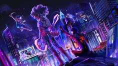 an animated image of two people in the city at night with neon lights and skyscrapers