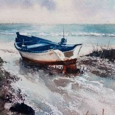 a painting of a boat sitting on the shore next to the ocean with waves coming in