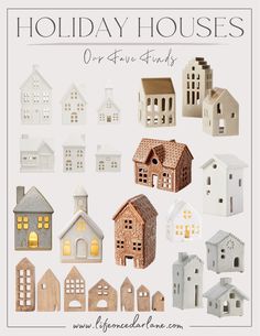 the holiday houses ornament bundle is shown in various shapes and sizes, including buildings