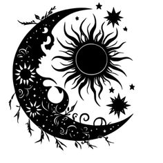 the sun and moon are depicted in this black and white drawing, with stars around it