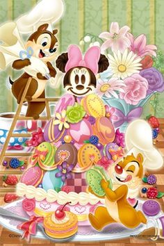 mickey mouse and minnie mouse in the kitchen with other food items on a table, including cake