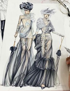 a drawing of two women in evening dresses