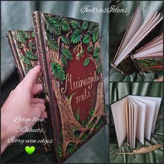 the book is open and has green leaves on it, which are surrounded by other pictures