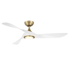 a ceiling fan that is gold and white with a light on the top of it