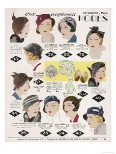 size: 24x18in Giclee Print: Stylish Selection of Women's Hats Including Many Brimless Designs : Types Of Hats For Women, 1920s Hats, 1930s Hats, 1940s Hats, Vintage Style Hat, Flapper Hat, Vintage Millinery, Paris Mode, Hair Adornments