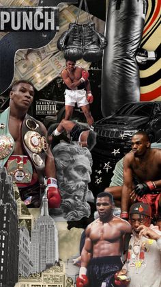 collage of mixed media images featuring professional boxers