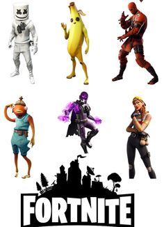 an advertisement for fortnite featuring cartoon characters in various poses and costumes, with the caption fortnite