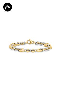 14k yellow gold and 14k white gold polished 7.6mm fancy link bracelet with a fancy lobster claw clasp. Gold Polish, Lobster Claw, Link Bracelets, Two Tone, Gold Bracelet, Yellow Gold, White Gold, Bracelet, Yellow