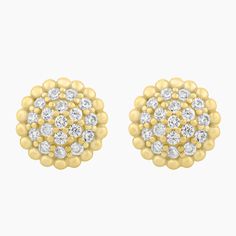 These elegant gold-plated sterling silver circle pave stud earrings showcase a perfect balance of intricate design and sparkle. Each earring features a central pave setting with small, closely-set stones that glisten brilliantly. The outer border is adorned with delicate beading, adding texture and sophistication to the design. The warm gold tone complements the shimmering stones, making these versatile and stylish beaded pave circle stud earrings a timeless addition to any jewelry collection. Gold Cluster Earrings With Sparkling Stones, Sparkling Yellow Gold Diamond Earrings, Pave Setting, Circle Earrings Studs, Circle Studs, Gold Plated Sterling Silver, Gold Tones, Jewelry Collection, Sparkle