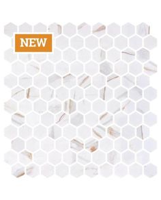 white marble mosaic tile with the words new on it and an orange border in the middle