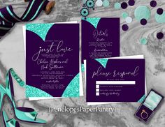 purple and teal wedding stationery with matching envelopes, rings, and shoes