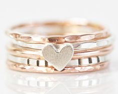 Valentines Day Gift For Her / Heart Ring Set / Stacking Rings Stackable Wedding Jewelry For Valentine's Day, Valentine's Day Stackable Wedding Jewelry, Stackable Heart Ring With Round Band For Gift, Heart-shaped Stackable Wedding Jewelry, Wedding Stackable Rings For Valentine's Day, Valentine's Day Rose Gold Sterling Silver Stackable Rings, Stackable Rose Gold Jewelry For Valentine's Day, Stackable Rings For Anniversary On Valentine's Day, Rose Gold Stackable Rings For Mother's Day