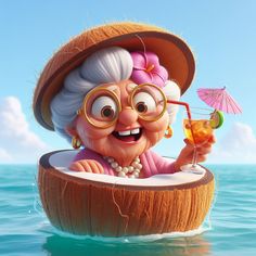 an old lady in a coconut boat holding a drink