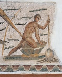 a mosaic depicting a man on a boat with paddles and oars in his hand