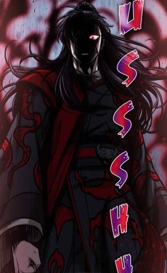 an anime character with long black hair and red eyes, standing in front of a dark background