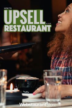 a woman sitting at a table in front of a coffee maker with the words, how to up sell restaurant