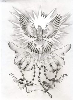 a drawing of two hands holding a rosary and a dove