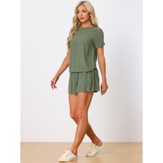 Made of linen fabric, soft, lightweight, and breathable, the 2-pieced outfit set features a regular fit with short sleeves to create a casual and cool daily look. High-waisted shorts with two functional pockets are convenient, which is an effortless outfit to match with any other pieces in your wardrobe. The loose-fit loungewear set is perfect for girls of all shapes, providing you with a casual fashion look. The tracksuit with simplicity is versatile to be paired with sandals or sneakers to bri Vacation Cotton Sets In Solid Color, Solid Color Cotton Sets For Vacation, Cotton Sets In Solid Color For Vacation, Casual Solid Linen Set, Casual Solid Color Loungewear Sets, Green Linen Casual Sets, Casual Green Linen Set, Solid Color Linen Loungewear Sets, Solid Linen Loungewear Sets