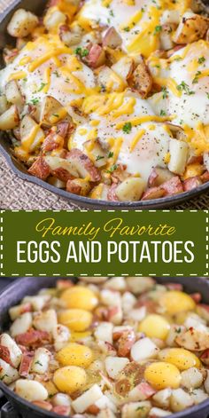 an egg and potatoes casserole in a cast iron pan with the title overlay