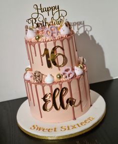 Two tier rose gold drip cake with pretty pink and gold accents. 16th Birthday Cake For Girls, Sprinkle Drip Cake, Cake Sweet 16, Sweet Birthday Cake, Best Happy Birthday Wishes, Sweet Sixteen Cakes, 14th Birthday Cakes