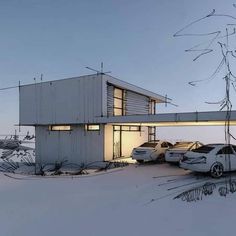 two cars are parked in front of a house on the snow covered ground at dusk