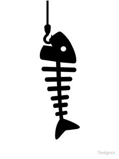 a black and white silhouette of a fish on a hook with a hook in it's mouth