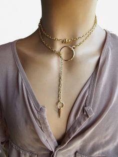 This is a dainty minimalist 24k Gold Filled steel spike Lariat Necklace wrap gothic grunge punk aesthetic choker with added gold filled beads accents.  The minimalist design gives it a trendy and stylish feel, while it has a touch of gothic Punk edge.   This necklace is versatile and can be worn long or doubled up for a layered look. This is a dainty chain, but is strong steel. if you are looking for someone more suitable to "fun and games" please take a look in my shop for more sturdy versions Punk Grunge Aesthetic, Grunge Punk Aesthetic, Aesthetic Choker, Punk Aesthetic, Dainty Choker, Gothic Grunge, Wrap Necklace, Wrap Necklaces, Punk Grunge