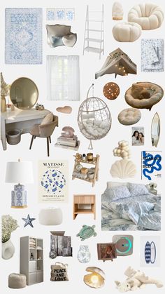 a collage of various items in blue and white