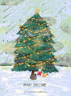 a drawing of a christmas tree in the snow