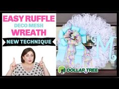 an easy ruffle deco mesh wreath with the word new technique and a woman pointing at it