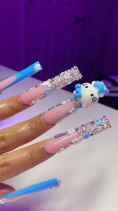 Acrylic Nails Blue, Junk Nails, Blue Acrylic Nails, Nails Design With Rhinestones, Cute Acrylic Nail Designs