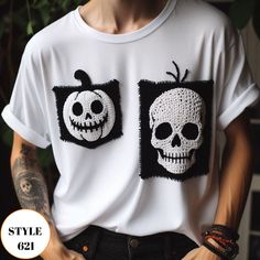 Halloween Skull T-shirts, White Basic Halloween Shirt with Skeleton Pocket for Halloween Party, Halloween Gift, Halloween Merchandise, Halloween Accessory,  Halloween Basic T-shirt for Couples, Witch Shirt Gift for Halloween, Halloween Complement Gifts for Mens, Halloween Couples T-shirt with Crocheted These basic & crochet pocket unisex Halloween Theme t-shirts seem like an art! I always crochet with high attention to detail.  Lightweight and elegant, ideal for Halloween Party. Custom Orders are Always Welcome !! *These basic Halloween Design t-shirts are cotton and has crocheted patches sewed on it *If you have any questions or have a special product in your mind, please do not hesitate to message me! (About shipping, size, color, yarn, customization, any advices etc.) It is pleasure for White T-shirt For Costume Party In Fall, Spooky White T-shirt For Costume Party, White Horror T-shirt For Halloween, White Horror T-shirt For Fall, Novelty White T-shirt For Halloween, Halloween White Skull Top, White Skull Print T-shirt For Fall, White T-shirt With Skull Print For Fall, White Skull Print T-shirt For Halloween