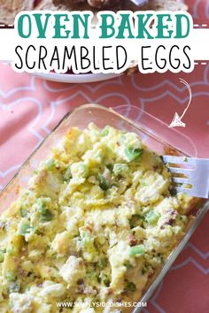 an egg salad in a casserole dish on a pink tablecloth with text overlay that reads oven baked scrambled eggs