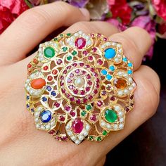 Navaratna 
silver gold plated cocktail ring Navaratna Ring, Festive Silver Meenakari Rings, Elegant Meenakari Ring Jewelry, Kundan Meenakari Jewelry Ring, Festive Meenakari Jewelry Ring, 22k Gold Jewelry Necklaces, 22k Gold Jewelry, Pearl Necklace Set, Gold Jewelry Necklace