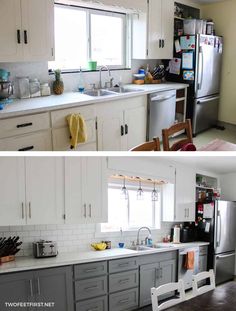 before and after pictures of a kitchen remodel with white cabinets, stainless steel appliances