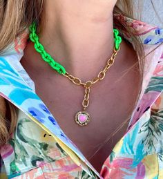 A handamde summer necklace that is made with green acrylic chain, that I combine it with a gold aluminium chain and I also use a heart with pink enamel at the center as central charm. The connection is at the front side so you can adjust this necklace at the height that you wish. In Christina Christi Jewels store you can see more than 50 designs in Women's Necklaces. You can have them in 2-4 Days with DHL EXPRESS SHIPPING  MATERIALS - Acrylic Chain in Green Color - Gold Filled Chains are made fr Beach Necklace, Necklace Colorful, Brown Leather Backpack, Beach Necklaces, Necklace Love, Bold Jewelry, Necklace Heart, Clay Necklace, Summer Necklace