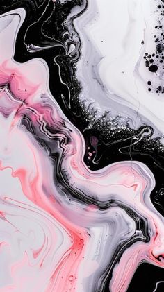 an abstract painting with black, white and pink colors on it's surface is featured in this image