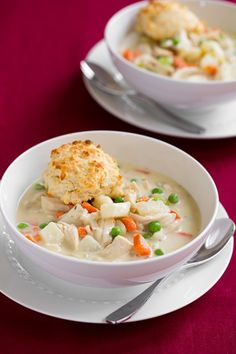 a bowl of chicken pot pie soup on a plate