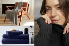 a collage of photos with towels and bathrobes in different rooms, including a woman sitting on a chair next to a stack of folded blue towels