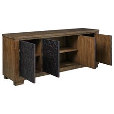 the sideboard is made from wood and has two open doors on one side, with an animal print door at the bottom