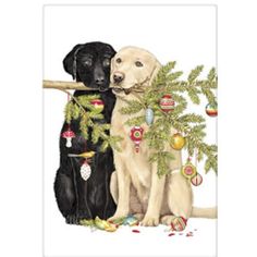 White kitchen towel with a black lab and a yellow lab both carrying the same pine branch decorated with ornament Labrador Christmas Cards, Dog Christmas Cards, Dog Holiday Cards, Bike Card, Dog Christmas Card, Diy Gift Card, Yellow Labrador, Watercolor Christmas Cards, Dog Holiday