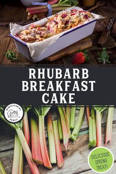 rhubarb breakfast cake with fresh fruit and vegetables