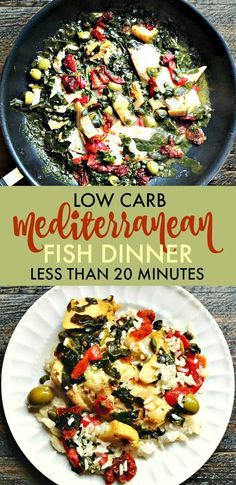 low carb mediterranean fish dinner with spinach and tomatoes