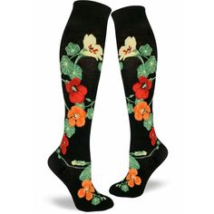 Nasturtiums Socks by ModSocks are the perfect gift for that socks lover in your life. These botanical themed womens knee high^wide calf socks come in multiple color Options and fit US Women's 6-10, Men's 4-8. Made of 65% cotton, 24% nylon, 8% polyester, 3% spandex for comfort and durability. A pair of these cool Botanical novelty Socks will certainly give any wardrobe an instant upgrade. Machine Wash Cold with Like Colors. Tumble Dry Low Black Knee High Socks, Pretty Socks, Silly Socks, Womens Knee High Socks, Sock Lovers, Floral Socks, Funky Socks, Ankle Socks Women, Cool Baby